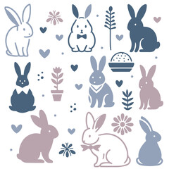 Vector illustration of bunny silhouettes with flowers and hearts for Easter, cute and festive design.