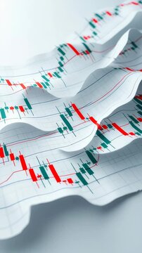 The image shows a folded paper displaying a colorful financial chart with green and red candlestick patterns against a grid background.