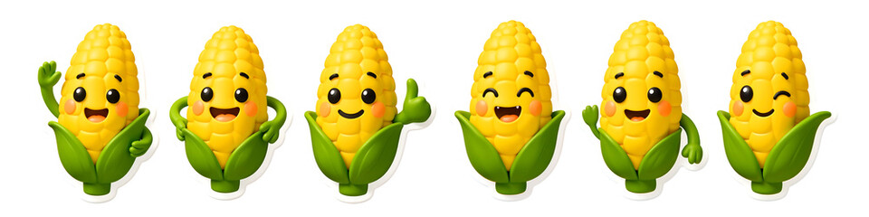 Happy Corn Characters: A series of cheerful cartoon corns express a variety of emotions with expressive faces and poses. Representing joy, excitement, and fun.