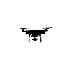 A silhouette of a drone capturing aerial footage over a landscape, isolated on a transparent background.