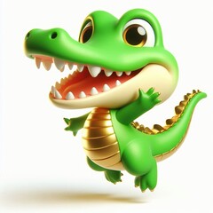 Naklejka premium Animated character 3D image of happy green gold Alligator jumping, cute design, white background