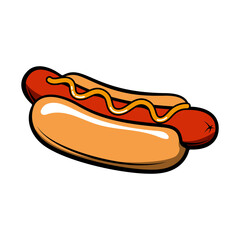 Hot dogs. Hot dog in retro style with fire isolated on white background. Fast food. Design element for logo, label, emblem, sign. Vector illustration.