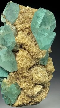 Beautiful mineral specimen showcasing aqua-colored crystals embedded in sandy rock formation from a natural geological setting