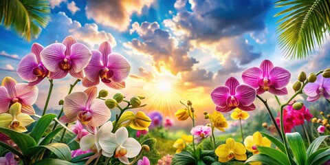 Vibrant Orchid Blooms Basking in the Golden Hues of a Sunset