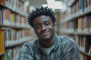 Smiling African American teen guy college student looking at camera, sitting in college library interior, Generative AI