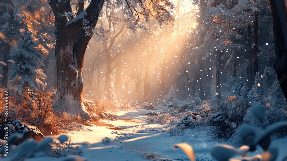 Poster sunbeams illuminate a snowy path through a tranquil winter forest.