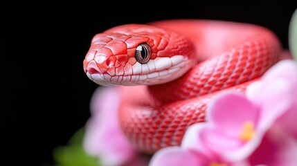 A vibrant red snake, detailed in scale and texture, is the focus. Pink flowers provide a soft contrast. The image is high quality with sharp focus and excellent lighting. The style is close-up and