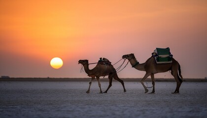 Silhouette of Camel Cart at Sunset In Rann of Kutch, Thar Desert,  Gujarat, India