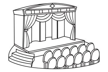 Theater Stage with Curtains Drawing, Empty Auditorium Line Art, Classic Performance Venue Illustration