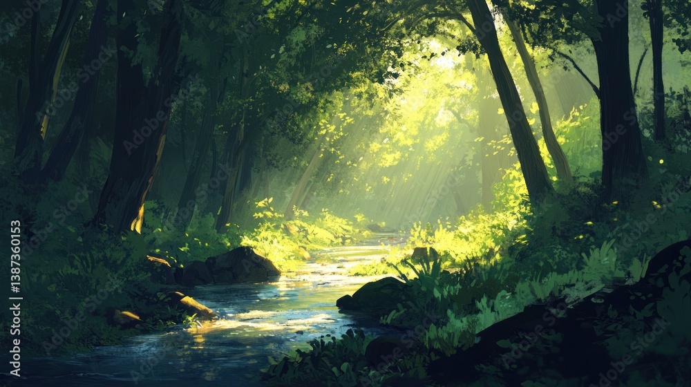 Poster sunbeams illuminate a tranquil forest stream flowing through lush greenery.