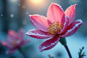 Fototapeta premium Snowflakes cling to a winter flower's petals in the cold air, soft, snowy, delicate