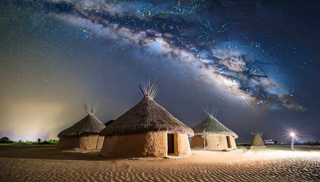 Traditional Kutchi Mud Huts Under a Starlit Sky In Rann of Kutch, Thar Desert,  Gujarat, India