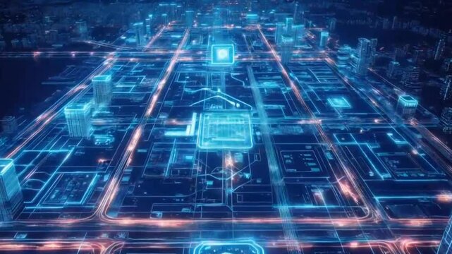Futuristic digital city glowing in neon blue lights with circuit-like structure and data grid seamless looping 4k time-lapse animation video background. Technology concept