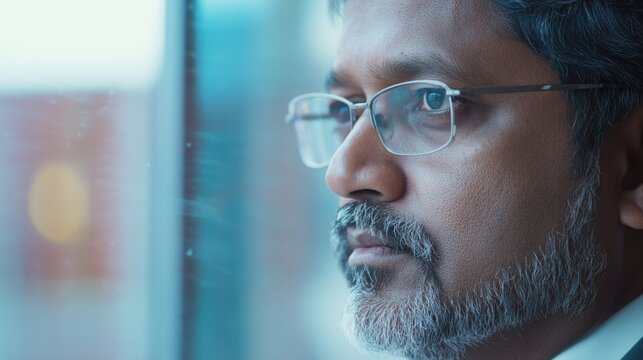 Somber reflection on a business man's face.