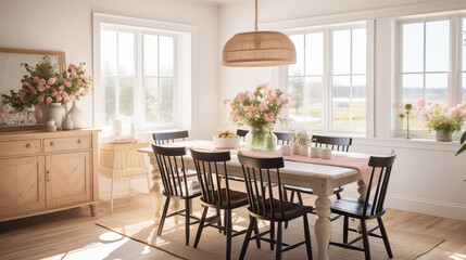 Plan sur une salle à manger rustique, de campagne. Fleurs, bois. Simple, cosy, mignon. Décorations, lumières douces. Pour conception et création graphique.