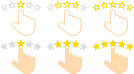 Colorful Five Star rating with click hand icon. Customer satisfaction meter with star. Give Excellent feedback digital review icon. Quality rank set. Best choice illustration. Hand touching for Rating