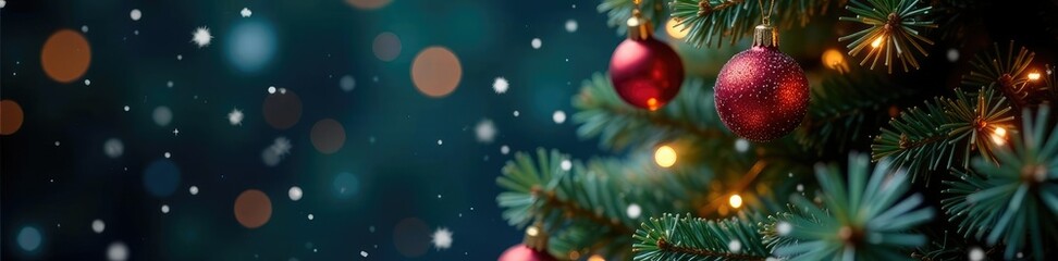 Snowflakes fall gently on a Christmas tree decorated with sparkling lights and ornaments, christmas, festive