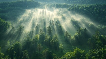 Sunbeams illuminating misty forest from above.