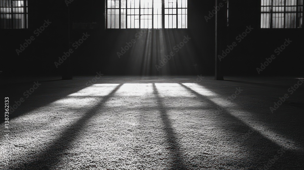 Poster Sunbeams stream through a large window in a dark, industrial space, illuminating dust motes on the floor.