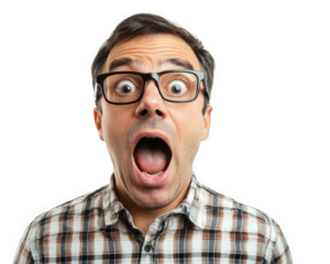 Surprised man with glasses expressing shock and excitement. His wide open mouth and eyes convey strong emotional reaction