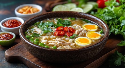 Steaming bowl of Indonesian chicken soup with egg, lime, and mixed vegetables