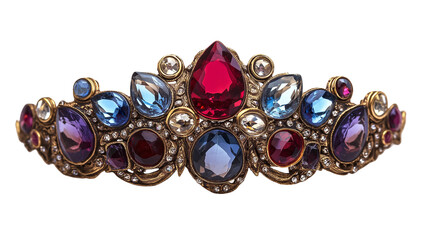 3D rendering of a gold crown adorned with colorful gemstones, reflecting light brilliantly, isolated on a clean white background.