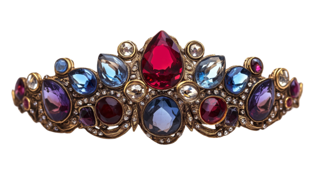 3D rendering of a gold crown adorned with colorful gemstones, reflecting light brilliantly, isolated on a clean white background.