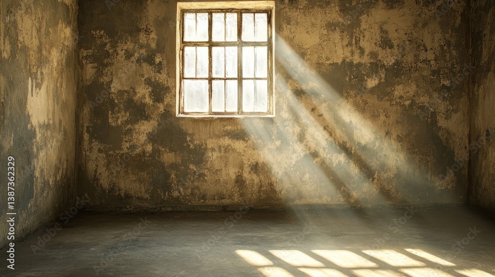 Poster sunbeams stream through a window in a dilapidated room.