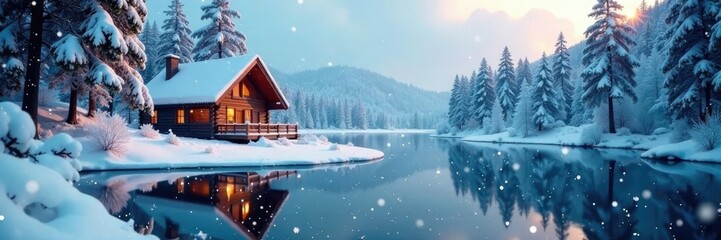 Fototapeta premium Snowflakes fall on frozen lake surface in winter woods cabin, cabin, snow, nature
