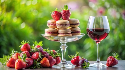A delightful arrangement of sweet macarons, freshly picked strawberries, and a glass of red wine, creating a picturesque summer scene perfect for a leisurely afternoon