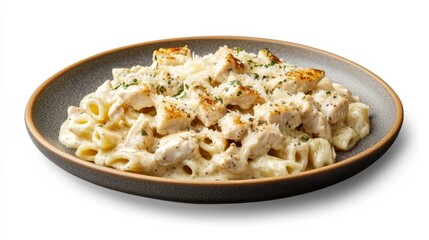 A plate of chicken Alfredo pasta with creamy sauce and parmesan. Featuring indulgence and richness