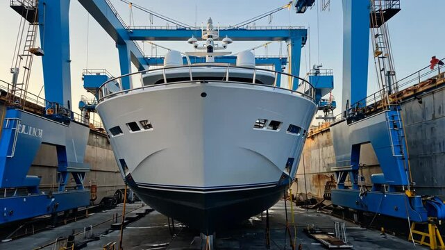 Large yacht being serviced in a shipyard dry dock with cranes and workers at sunset