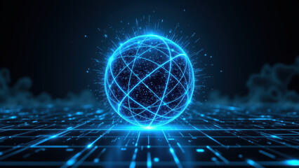 Fototapeta premium A digital illustration of a futuristic globe with network connectivity against a dark cybernetic background, symbolizing cybersecurity and global internet security.