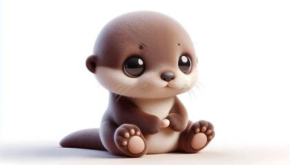 Fototapeta premium Fluffy baby otter with rounded ears and sparkling eyes sitting peacefully with tiny seashell