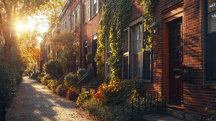 Fototapeta premium Elegant row houses with ivy covered brick facades in warm sunlight