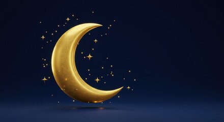 Naklejka premium Golden Crescent Moon with Sparkling Stars Night Sky 3D Render