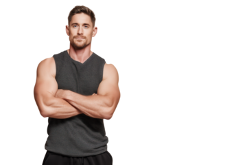 Sportlicher Mann mit verschränkten Armen im Trainingsoutfit PNG mit transparentem Hintergrund

