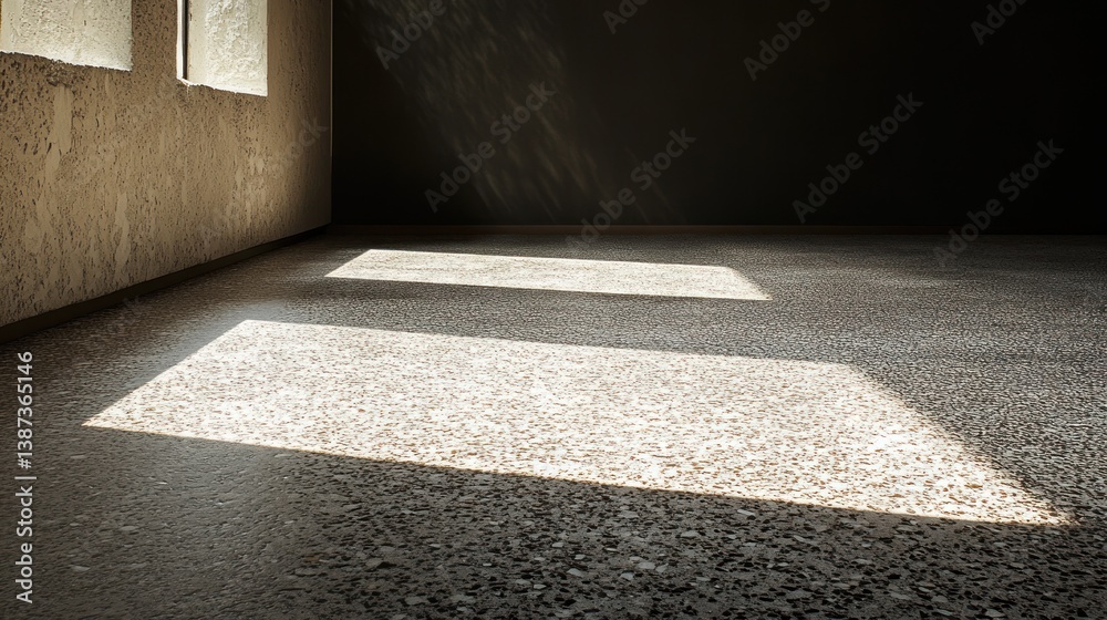 Fototapete sunlight streams through windows into an empty room, illuminating a textured floor.