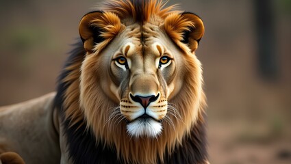 Obraz premium A lion displaying a big head and a lush mane, embodying strength and majesty in its natural habitat