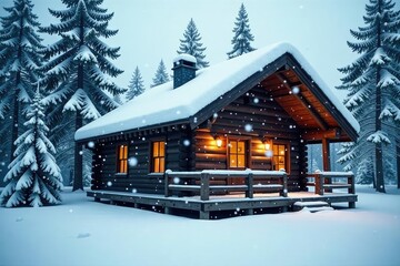 Fototapeta premium Snowflakes gently fall on the cabin's wooden roof, snow, snowflakes