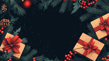 Festive Christmas background with wrapped gifts pine cones and evergreen branches creating a holiday frame for seasonal greetings