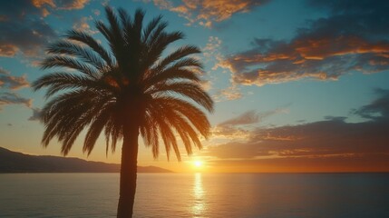Tranquil beach sunset with palm trees framing the view.