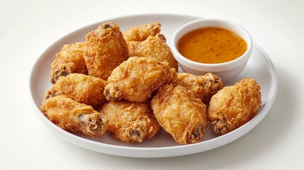 A plate of crispy chicken wings with dipping sauce. Featuring crunch and flavor