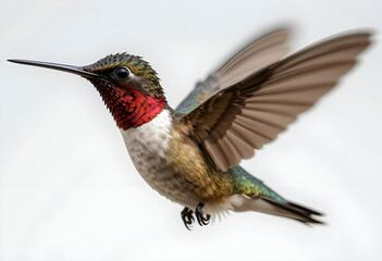Fototapeta premium Colorful hummingbird with ruby-red throat in graceful flight, set against a clean white backdrop