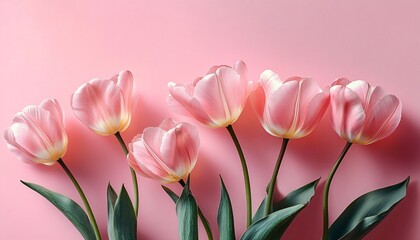 Fototapeta premium Elegant flat lay of pastel pink tulips against a soft pink background ideal for spring greeting cards, floral designs, or botanical art promotions.