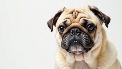 Single pug against pure white backdrop, showcasing wrinkles, lovely, dog breed, dog