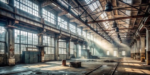 Fototapeta premium Sunbeams Illuminate the Dust Motes in a Derelict Industrial Building's Vast Interior