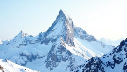 Fototapeta premium Snow-covered mountain peak against bright white sky, sky, frost