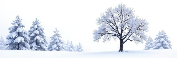 Snowy tree branches isolated on white background, trees, nature, solitude