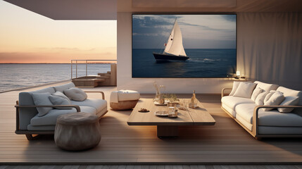 Fototapeta premium Maison d'architecture moderne, villa de luxe avec vue sur la mer. Coucher de soleil. Appartement de style Méditerranée. Arrière-plan pour conception et création graphique. 